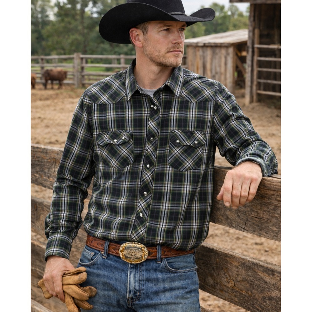 VTG Wrangler Men Western Pearl Snap Shirt Sz 2XL Black Heritage Americana Cowboy